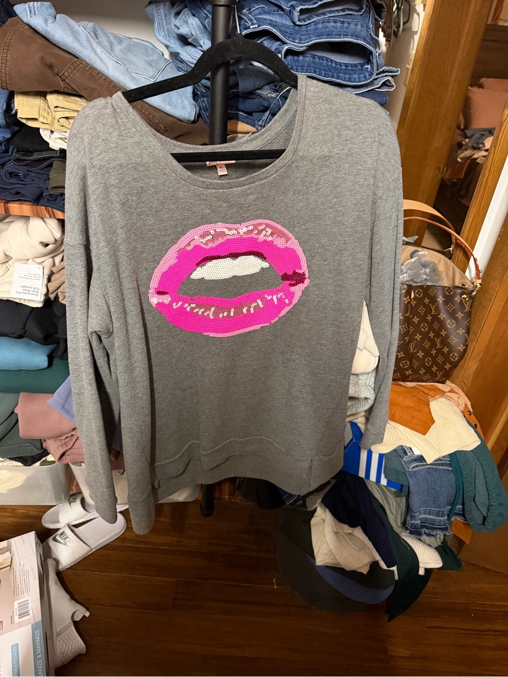 Juicy Couture Gray Pullover Sweatshirt with Pink Sequin Lip